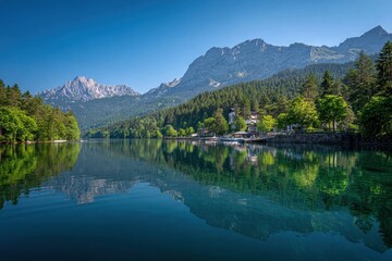 Fototapeta premium Magnificent views by the lake showcasing the serene mountains, lush forests, and stunning reflections during a clear sunny day in summer