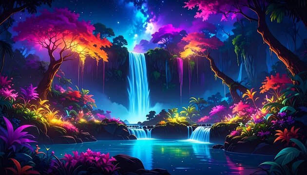Vibrant waterfall in a mystical forest - Powered by Adobe