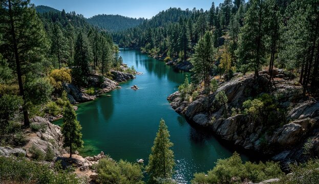 Serene mountain lake nestled in a dense forest