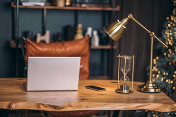 modern home office desk with laptop smartphone and golden hourglass on wooden table, cozy interior with Christmas lights in background, concept of remote work and holiday season