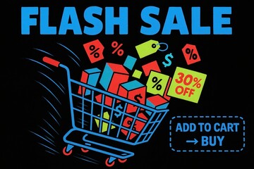 Vibrant FLASH SALE banner showcasing 30% OFF discount offer, dynamic cartoon style, engaging retail promotion graphics.
