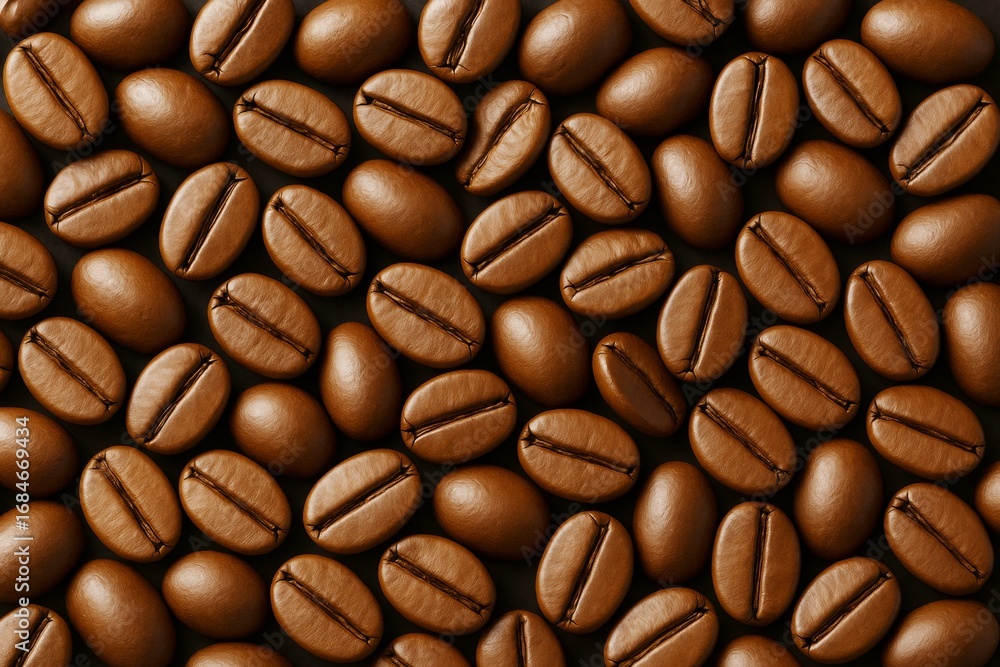 Poster close-up view of realistic brown coffee beans arranged in a seamless pattern on a dark background fo