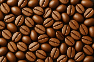 Close-up view of realistic brown coffee beans arranged in a seamless pattern on a dark background for drink and caffeine concept visuals.