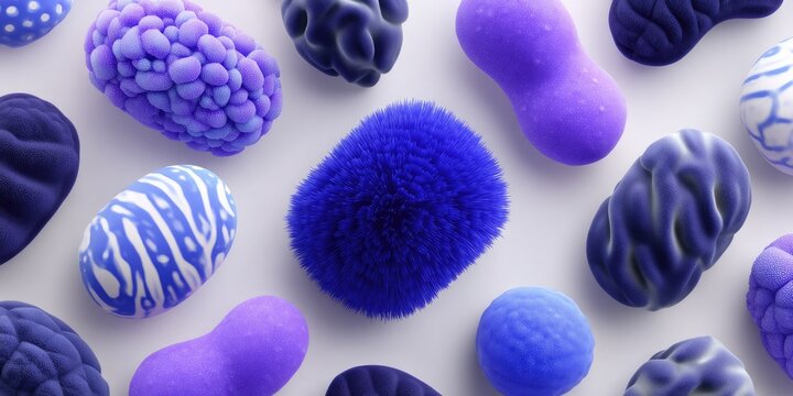Abstract shapes in various shades of blue and purple, textured surfaces, scattered on a white background