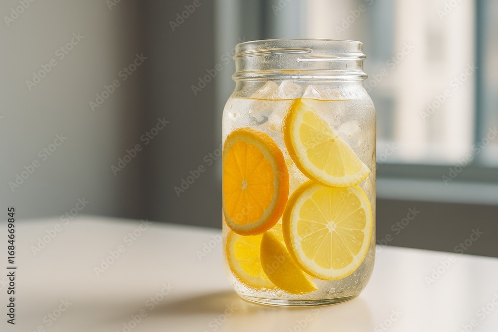 Poster refreshing citrus drink in a mason jar with lemon and orange slices over ice on a light surface with