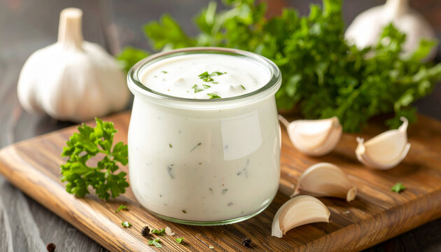 Glass jar filled with creamy homemade ranch dressing, garnished with fresh herbs and garlic cloves