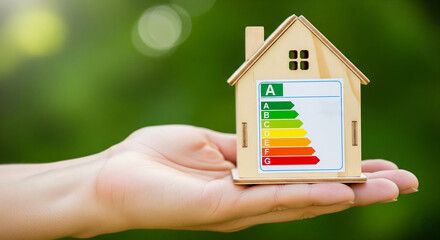 Hand holding a miniature house with an energy rating label
