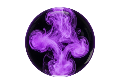 A vibrant purple sphere filled with swirling, smoky, abstract patterns against a black backdrop.