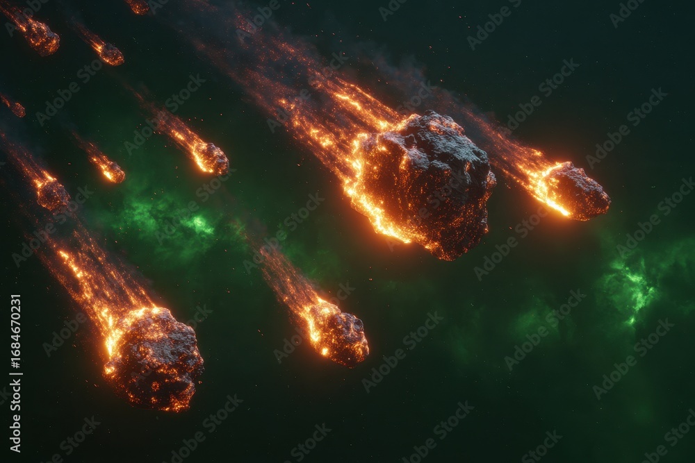 Poster bright trails of multiple asteroids burning while entering the atmosphere over a dark cosmic backgro
