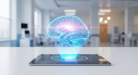 A glowing blue hologram of a human brain hovers above a digital tablet in a futuristic office setting.