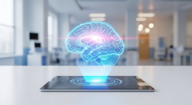 A glowing blue hologram of a human brain hovers above a digital tablet in a futuristic office setting. - Powered by Adobe