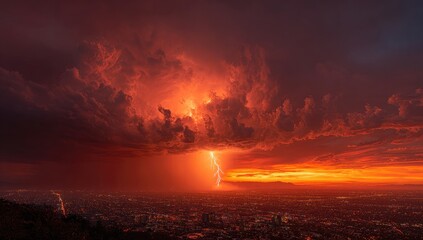 Fiery sunset thunderstorm over city