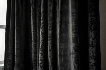 Fototapeta premium Luxurious black velvet curtains with dramatic folds enhancing dark moody living room ambiance AI generated artistic style 