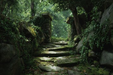 Mysterious forest path leading to a hidden destination surrounded by ancient stones and lush greenery during mid-morning light