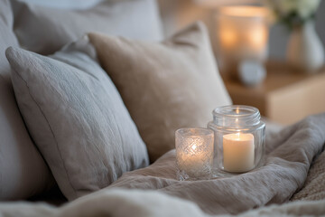 Cozy bedroom scene featuring soft pillows and lit candles on a bed, creating a warm and inviting atmosphere for relaxation and comfort in a serene environment