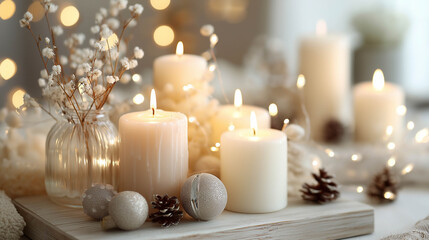 Softly glowing candles arranged on a wooden surface, surrounded by decorative ornaments and delicate flowers, creating a warm and inviting ambiance for festive celebrations