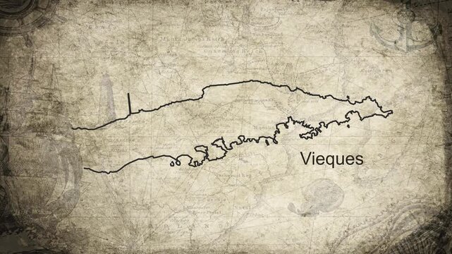 Vieques map drawn on a cartography background sheet of paper