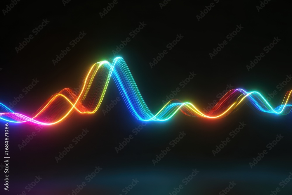 Poster neon rainbow retro waves dance dynamically across a dark background, creating a mesmerizing visual d