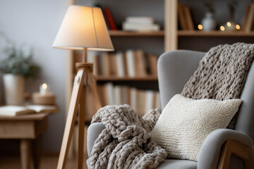 Cozy living room scene featuring a comfortable armchair adorned with a knitted blanket and decorative pillow, illuminated by a stylish floor lamp, creating a warm atmosphere for relaxation
