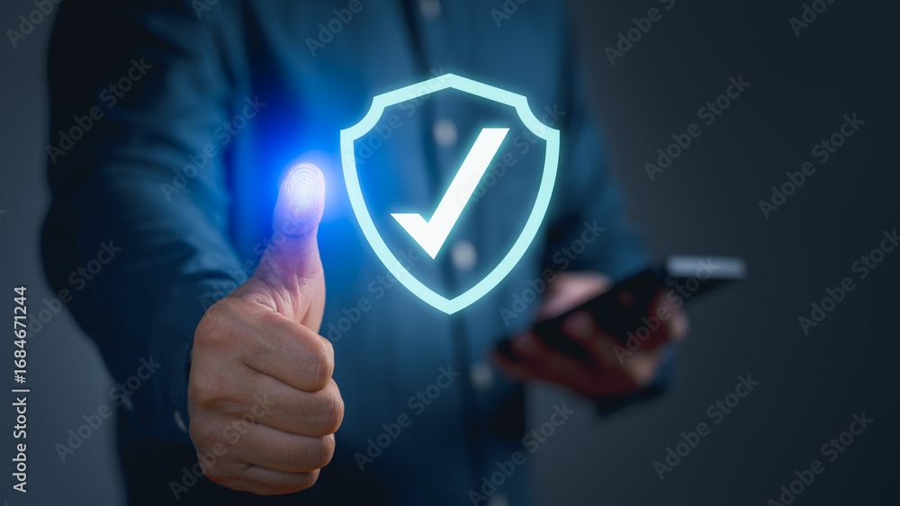 Poster cybersecurity with fingerprint authentication and shield check mark, symbolizing secure access, data