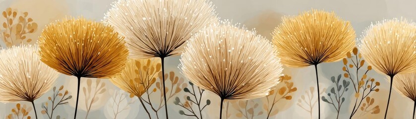 Watercolor dandelions with light tones background concept. Beautiful abstract floral art with soft golden hues and textures.