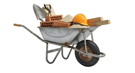Construction tools and materials in a wheelbarrow placed on a transparent background
