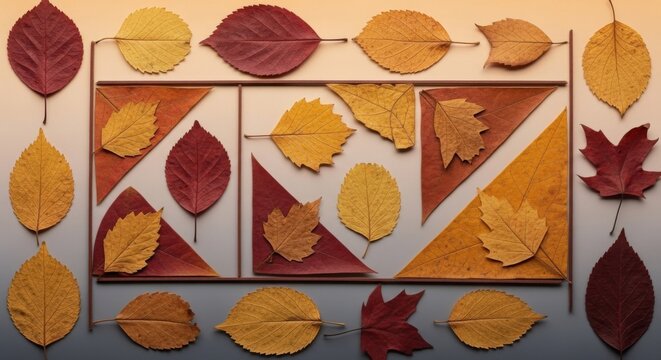 Artistic arrangement of colorful autumn leaves forming a geometric pattern on a surface, showcasing seasonal beauty.