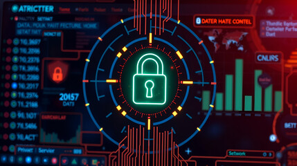 A digital lock icon, cyber security tech network data protection, virtual dashboard. Online internet authorized access against cyber threats, privacy business data concept