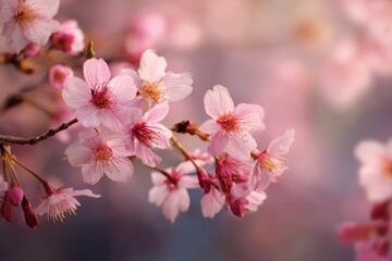 Obraz premium Blossoming pink cherry blossoms create a dreamy atmosphere with soft bokeh background on a tranquil spring day in a garden
