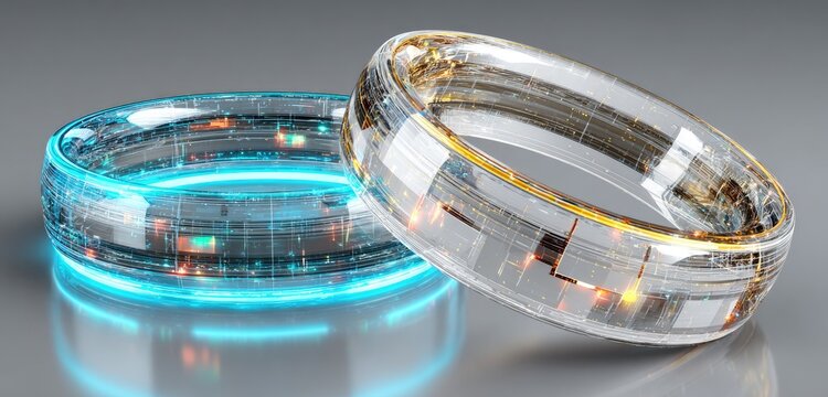 Two futuristic rings with glowing circuitry