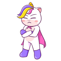 Cute cartoon unicorn mascot showing angry mad expression in superhero costume isolated on transparent background