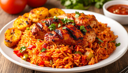 Fototapeta premium Plate of Nigerian Jollof rice with vibrant red tomato-infused grains, peppers and onions