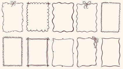 Hand drawn vintage frames with wavy lines, bows and ribbons. Trendy doodle whimsical borders for birthday card, wedding invitations, prints. Minimalist ink coquette vector borders. Sketch art line