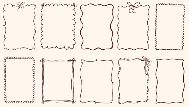 Hand drawn vintage frames with wavy lines, bows and ribbons. Trendy doodle whimsical borders for birthday card, wedding invitations, prints. Minimalist ink coquette vector borders. Sketch art line