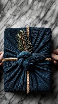 Elegant eco-friendly holiday gift wrapped in deep blue textured fabric using Japanese furoshiki technique, accented with rustic twine and a pine sprig for minimalist festive style.