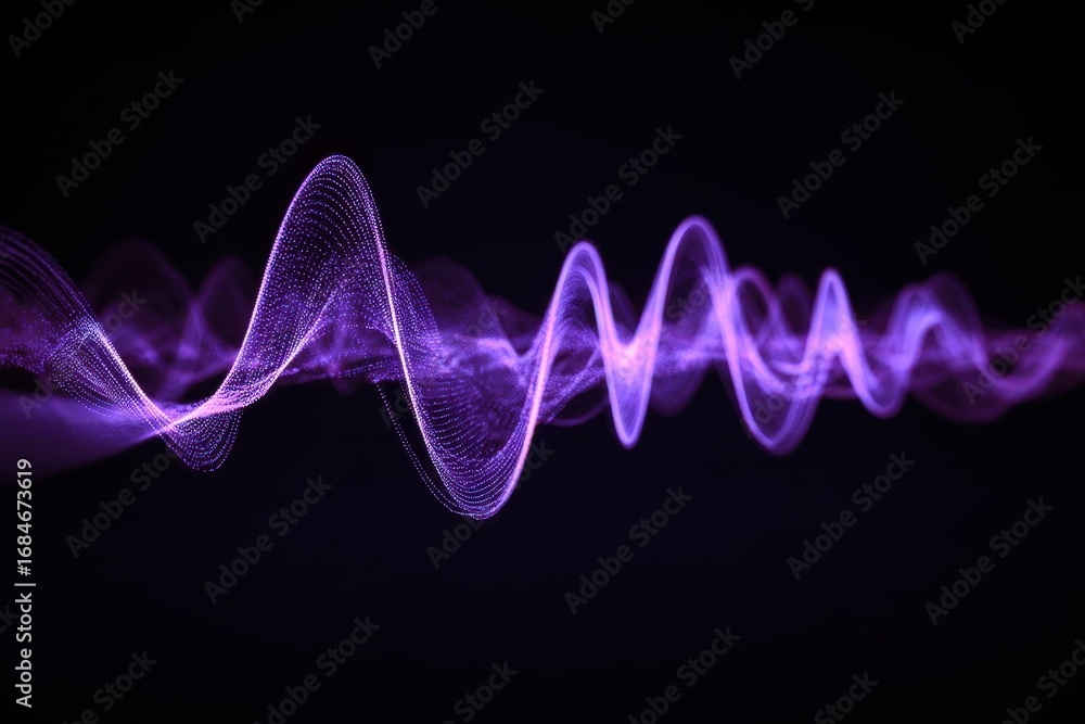 Poster intricate visualization of purple wireframe sound waves creating dynamic patterns against a dark bac