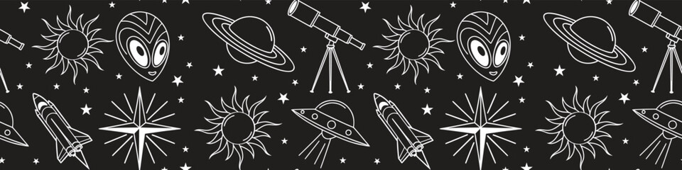 Seamless space pattern with rockets, UFOs, aliens, planets, suns, and telescopes in doodle style. Dark background vector illustration for fabric, wallpaper, and digital design.