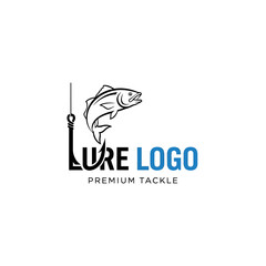 A stylized logo design featuring a fish jumping towards a fishing hook, accompanied by the text 