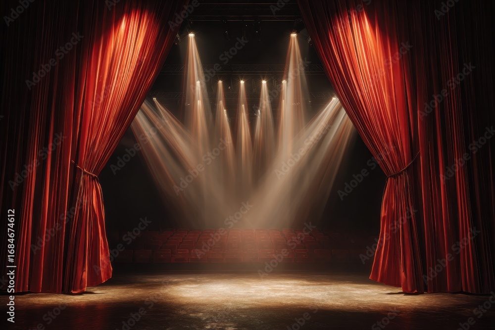 Poster bright lights illuminate the stage as red curtains part for an upcoming performance in a theater set