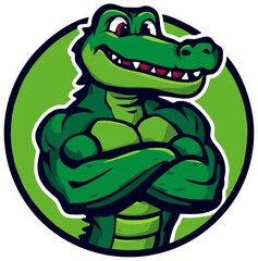 Obraz premium Cartoon-style crocodile mascot logo featuring a strong and muscular green crocodile with folded arms, smiling expression, and jungle background. Perfect for sports teams, gaming, or brand identity.