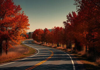 Fototapeta premium Winding road through vibrant autumn colors with trees lining edges showcasing red and orange leaves. Autumn scenery features a curving path surrounded by golden fields and foliage,