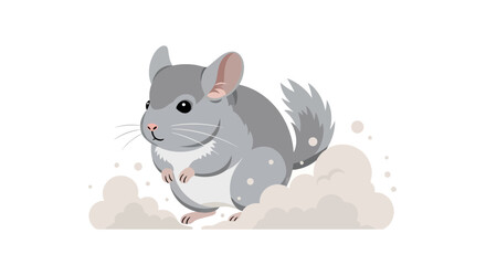 Adorable chinchilla playfully leaps through light dust clouds with a cheerful expression