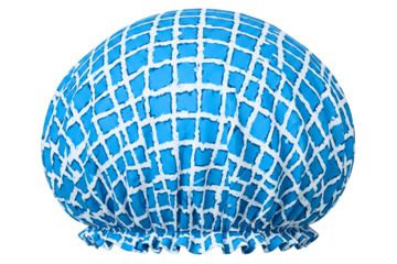 Waterproof blue and white shower cap for hair protection isolated on a transparent background