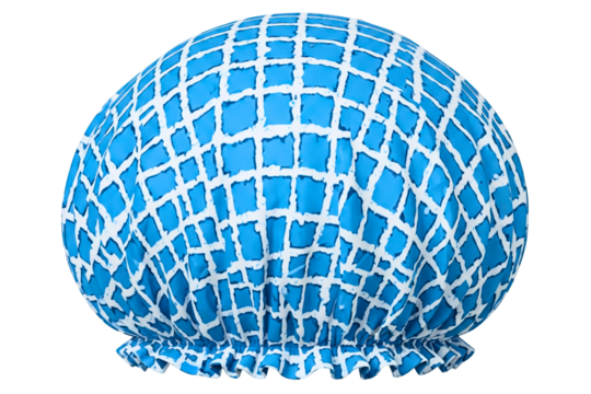 Waterproof blue and white shower cap for hair protection isolated on a transparent background