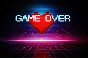 Retro pixel art style game over screen featuring a glowing heart symbol with vibrant colors and a grid-like background representing classic gaming aesthetics