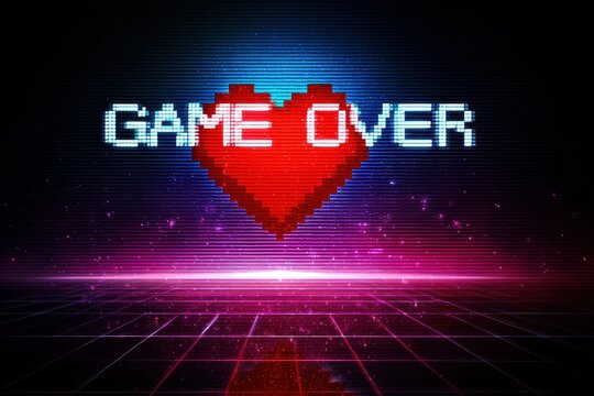 Retro pixel art style game over screen featuring a glowing heart symbol with vibrant colors and a grid-like background representing classic gaming aesthetics