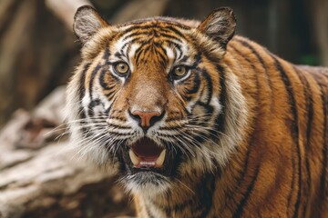 Obraz premium Roaring tiger displaying its power in a natural habitat during daylight
