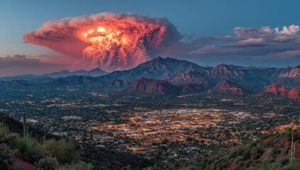 Vast city nestled below a fiery, sunset storm cloud over mountains