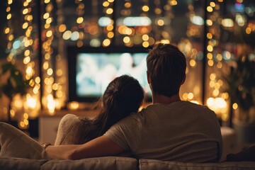 Fototapeta premium Romantic evening at home with a couple watching television surrounded by cozy lights and a beautiful city view
