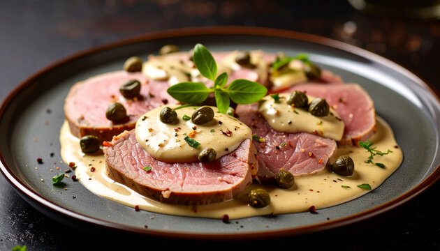 Plate of traditional Italian Vitello Tonnato, thinly sliced veal with creamy tuna sauce. Tasty food.